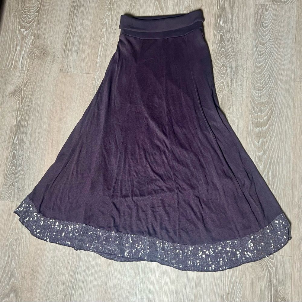 Y2K Maxi Skirt Fold Over Sequin Boho Gypsy Plum Purple Silk Cotton Fit & Flare M